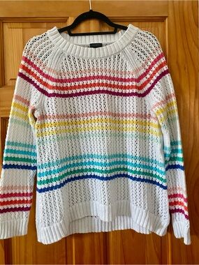 Talbots Rainbow Stripe Open Knit Cotton Sweater Large Coastal Midweight Pullover
